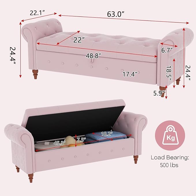 NIOIIKIT 63'' Storage Ottoman Bench, Tufted Entryway Bench Pink Velvet | Button Tufted End of Bed, Large Storage Space, Rolled Armed Ottoman Couch Long Bench for Bedroom, Living Room, Hallway