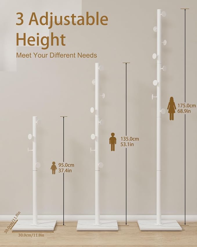 Coat Rack Freestanding, Clothing Rail with 8 Hooks, White | Small Standing Coat Hanger Stand with Heavy Rock Slab Base, Modern Metal Coat Tree with 8 Hooks for Bedroom, Office, Hallway