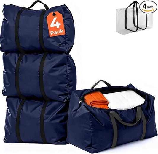 Extra Large Moving Bags, 4 Pack Blue Oversized Storage Totes with Strong Zipper & Reinforced Full Loop Handles, Collapsible Storage Bags for Space Saving, for King/Queen Comforter, Blankets & Clothes