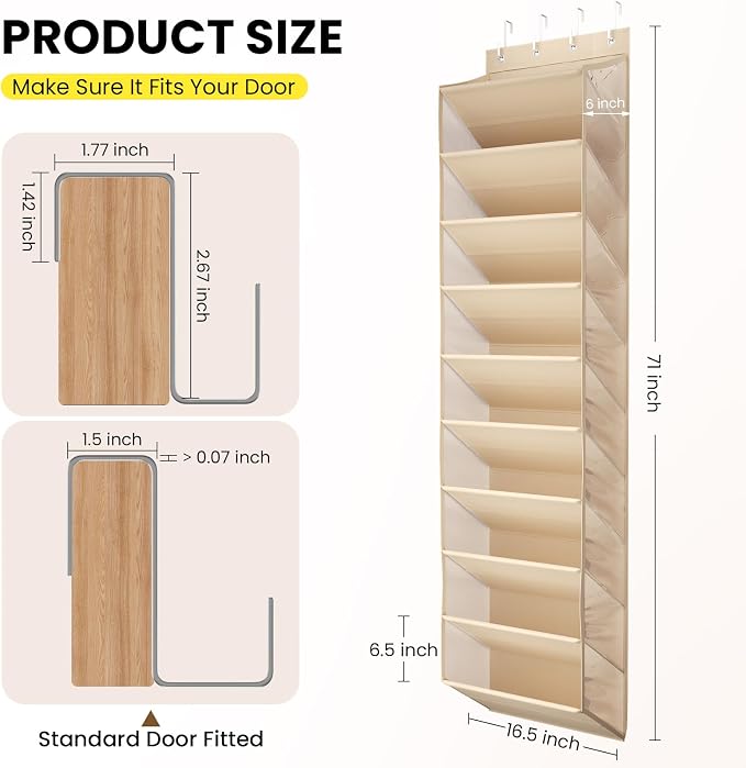 Mefirt 20-25 Pairs Over the Door Shoe Organizer, Clear Pockets Shoe Rack for Closet Door, 10-Tier Hanging Shoe Rack for Boots, Behind the Door Shoe Holder Fit All the Family's Sneakers, Heels, Beige