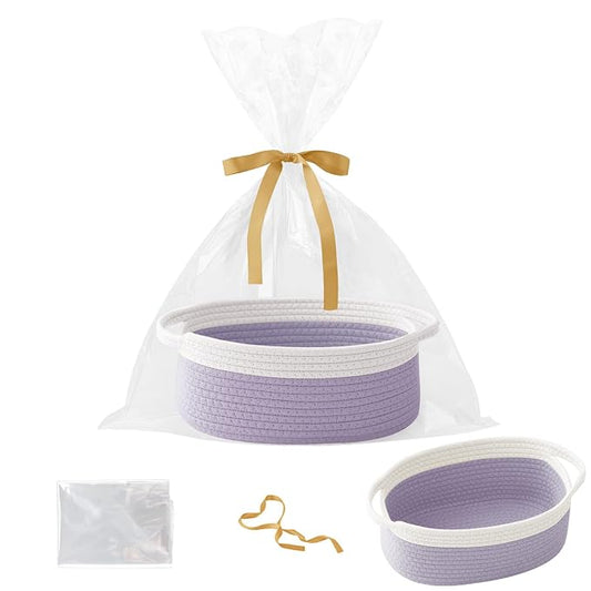 Woven Rope Basket - Baby Gift Basket with Bag & Ribbon, White&Purple | Cotton rope with handle, 12 x 8 x 5 in, gift bag and ribbon, for baby shower, birthday, toy storage, nursery, shelf decor