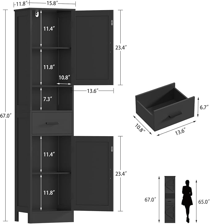 Tall Bathroom Storage Cabinet with Barn Doors, Narrow Bathroom Cabinet with Drawer, Narrow Storage Unit, Adjustable Shelves, Floor Cabinets for Living Room, Entryway, Kitchen, Black