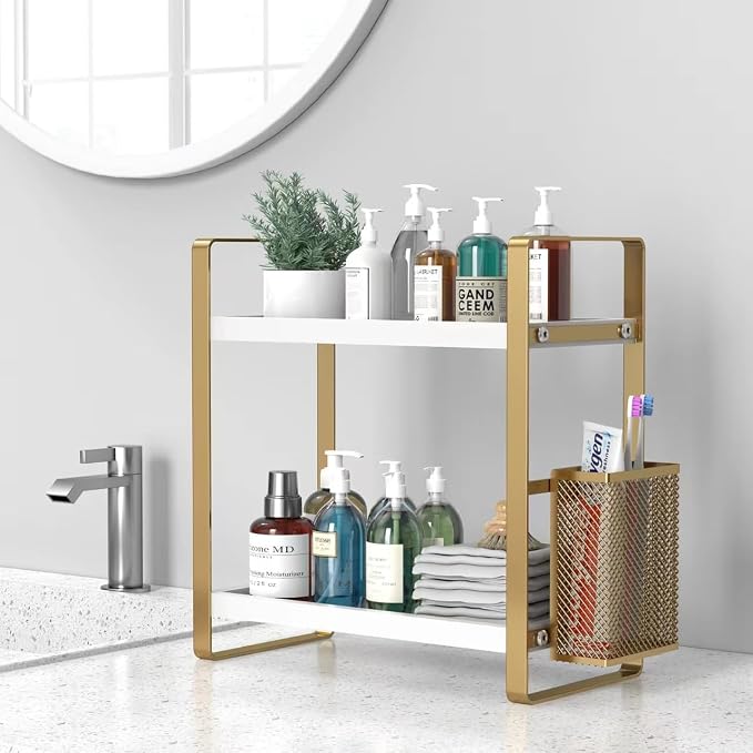 Bathroom Counter Organizer with Basket, Perfume,Makeup Organizers for Vanity,Storage Organizers for Bathroom, Kitchen, Dresser（White）