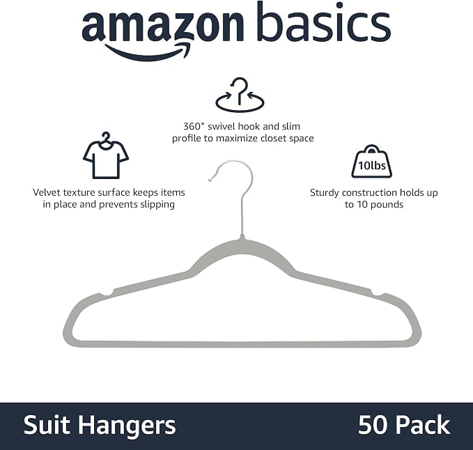 Amazon Basics Slim Velvet Non-Slip Space Saving Suit Clothes Hangers, Closet Organizer, Gray/Silver, 50-Pack