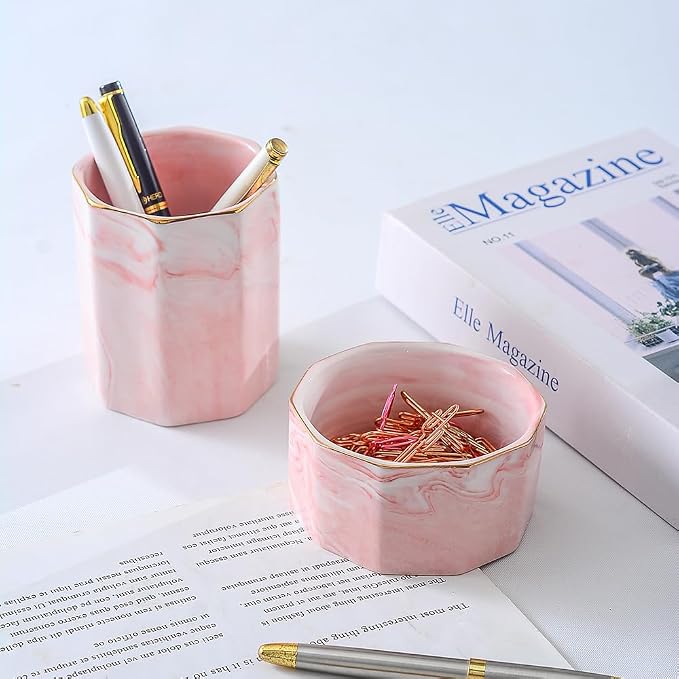 Desk Organizer Set of 2 For Office, Pen Holder and Paper Clip Holder, Ceramic Cute Pencil Cup for Desk, Paper Clip Dispenser for Desktop, Makeup Brush Holder Ideal Gifts for Women, Mom (Pink)