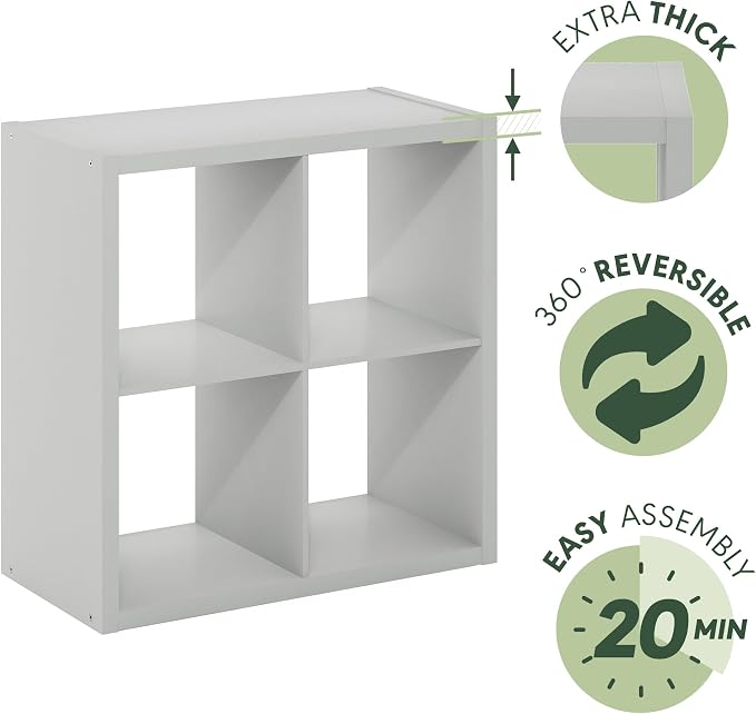 Furinno Cubicle Open Back Decorative Cube Storage Organizer, 4-Cube, Light Grey | 14.6" x 30" x 30", Reversible Bookcase with Open Back, for Living Room, Bedroom, Home Office