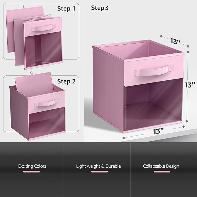 Sorbus 13 Inch Storage Bins with Clear Window - 6 Foldable Baskets for Organizing Clothes, Toys, Books - Sturdy Collapsible Fabric Storage Cubes with Handle - Storage Baskets for Shelves, Closets