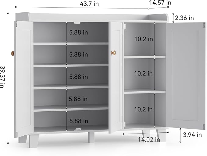 Shoe Storage Cabinet with 3 Doors and Adjustable Shelves，40 Inch Tall Farmhouse Flat-Shelf Wooden Shoe Cabinet，Shoe Rack Shoe Organizer Cabinet for Hallway Entryway Living Room （White）