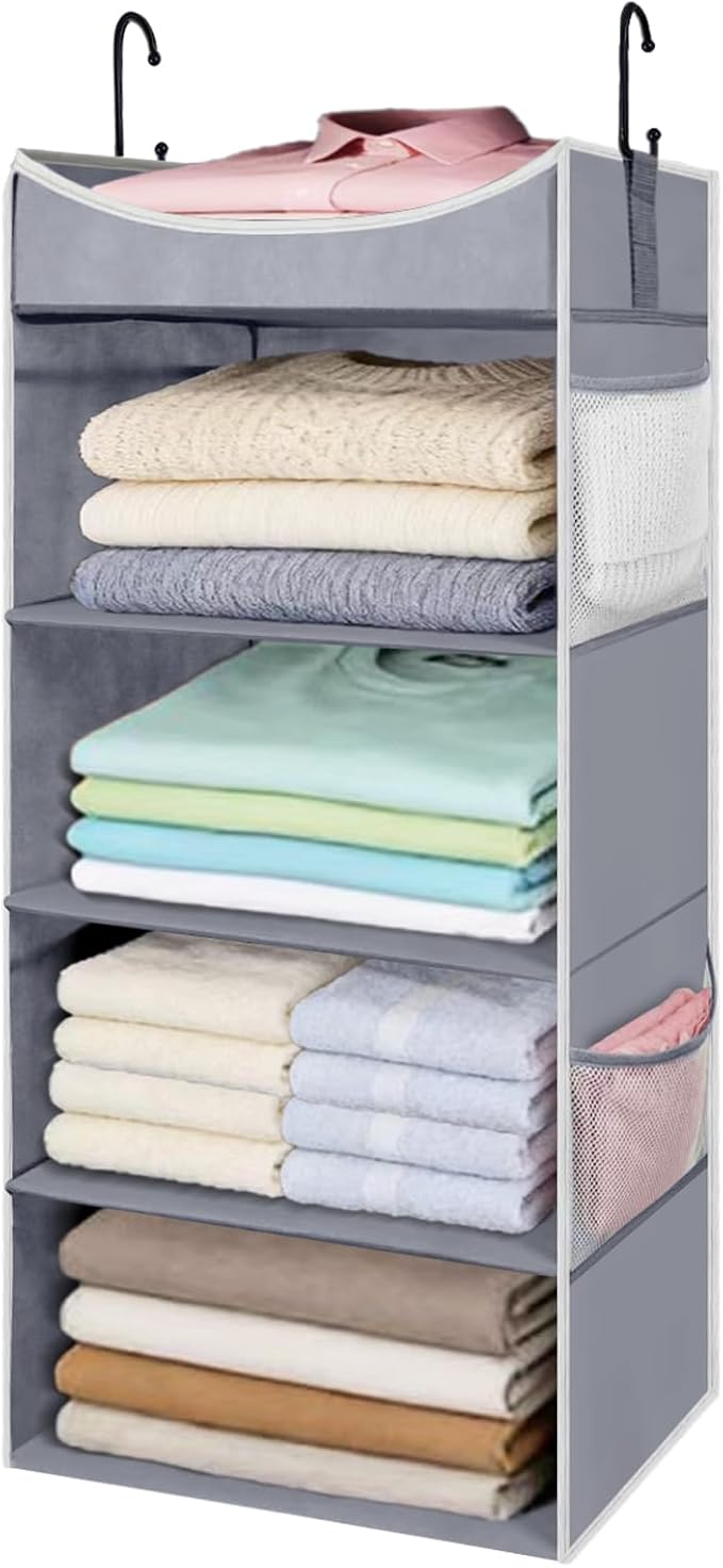4-Shelf Hanging Closet Organizer and Storage with 4 Side Pockets, Collapsible Closet Hanging Shelves for Storage, Grey