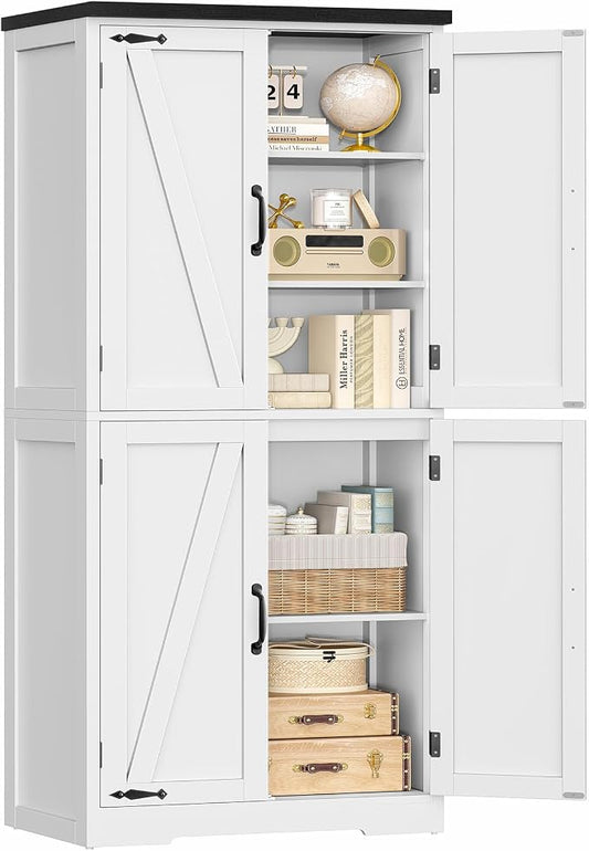 58" H Storage Cabinet,Farmhouse Kitchen Pantry Cabinet with 4 Doors | Bathroom Cabinet with Adjustable Shelf, Cupboard for Kitchen, Bathroom, Living Room, White