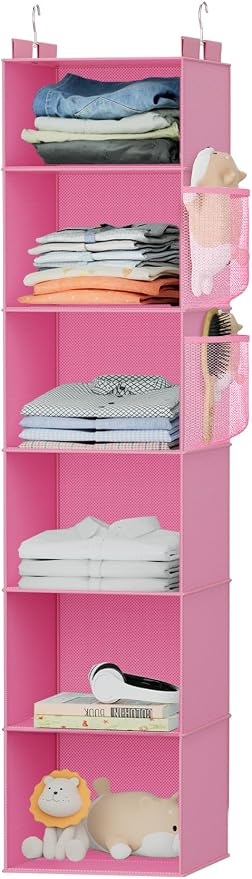 Hanging Closet Organizer and Storage with Bamboo Support, 6-Shelf Closet Hanging Storage Shelves, Closet Organizers Easy Mount Foldable for Bedroom (Pink)