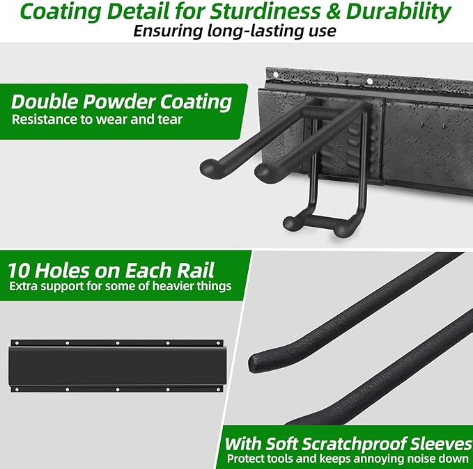 PIYILO 48 in Garage Tool Organizer Wall Mount, Adjustable Tool Storage Rack | Heavy-duty 360 LBS, Double-Layer Hooks, Wear & Tear Resistant, Soft Anti-Scratch Hook Sleeves, For Yard Tools, Shovels, Shed