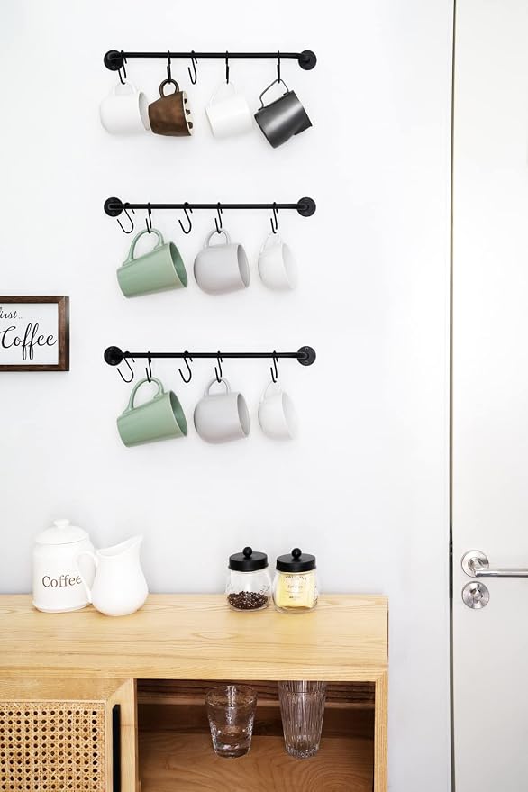 Mkono Mug Holder Wall Mounted Coffee Cup Rack Hanger Modern Metal Wall Rack with 15 Mug Hooks Rustic Utensil Tea Cups Storage Organizer for Kitchen Dining Room Coffee Bar, Set of 3, Black | Kitchen Rod, Space Saving, Easy Assembly, Wall & Under Cabinet...