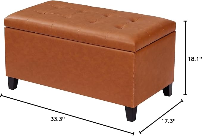 Joveco Storage Ottoman Bench, 33 Inches Faux Leather Rectangle Tufted Foot Stool for End Foot of Bed, Bedroom, Living Room,Vibrant Orange