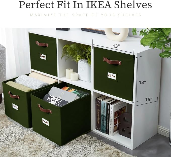 DECOMOMO Storage Bins, Storage Baskets for Shelves | 13" x 15" x 13" Storage Cube Bins with Labels for Organizing Shelves (Kallax, 4pcs, Olive Green)