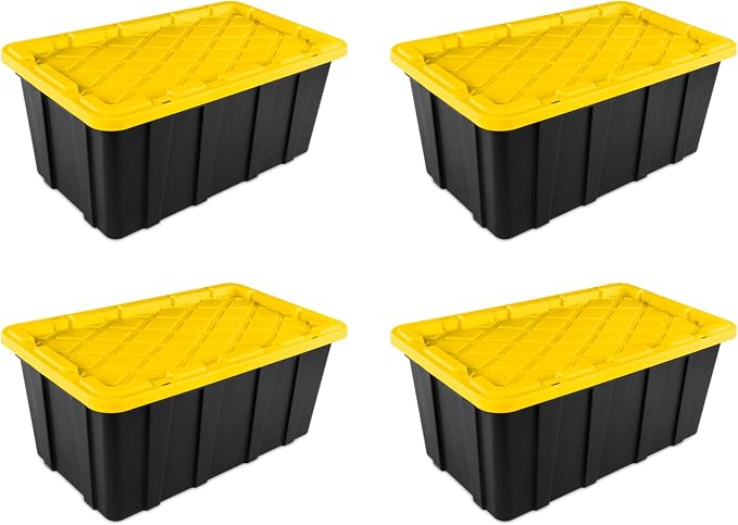 Sterilite 4-Pack Industrial Tote, Plastic Storage Container Bins with Lids, 38 Gallon - Heavy-Duty Organizing Containers for Closet, Bathroom, and Office | Heavy-Duty and Stackable Utility Box Containers for Home, Office, and Basement Organization, Bla...