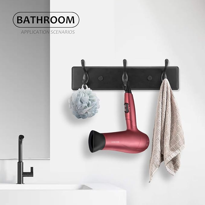 Badiano Wooden Coat Rack, Wall-Mounted Organizer for Closet, Entryway, Hallway, Foyer, Bedroom, Heavy Duty Double Hooks for Hanging Towels, Bags, Hats, Jackets, Key (Black, 3 Hooks)