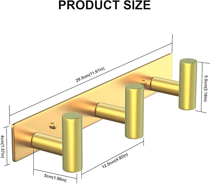 PMMASTO Stainless Steel Coat Rack Wall Mounted, Heavy Duty Metal Hook Rail for Hanging Coats Hats Towels Robes Bags, Modern Wall Hooks Organizer (Gold, 3 "T Hooks, 2 Pack)