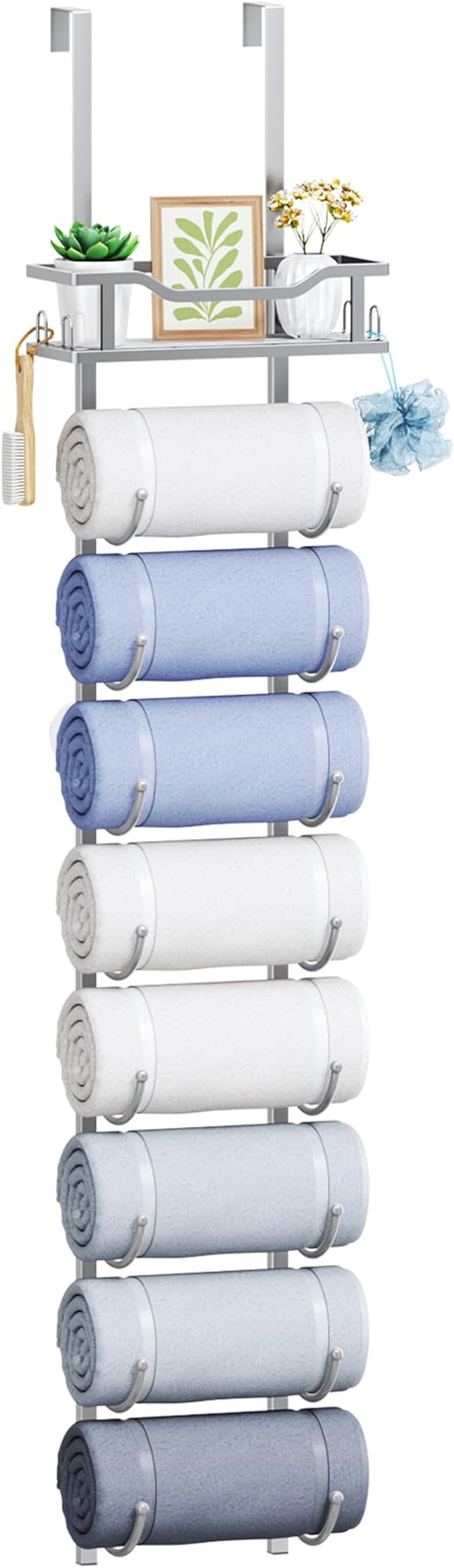 SWTYMIKI Over the Door Towel Rack - 9 Tier Towel Racks for Bathroom Wall Mounted, Towel Holder with Shelf, Hanging Rolled Towel Storage Organizer for Small Bathroom, Camper, RV, Sliver