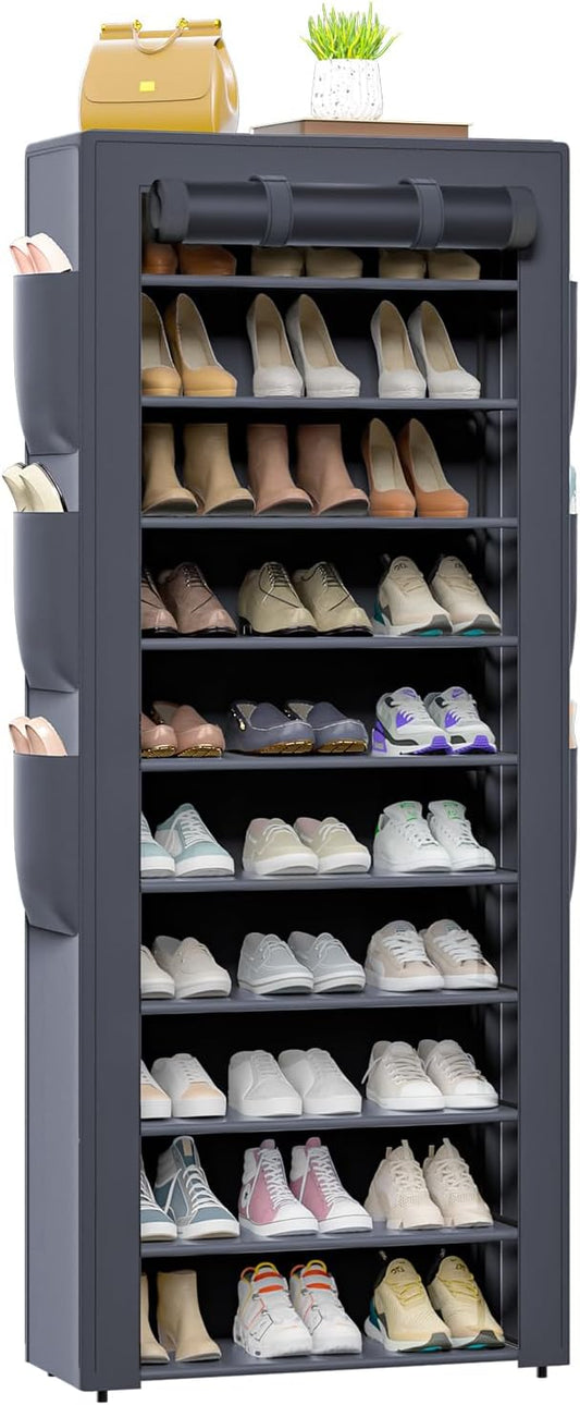 OYREL Shoe Rack Dustproof 10 Tier Tall Large Storage with 6 Storage Pocket | Space Saving Fabric Cover Shoe Organizer Shelf for Closet, Bedroom, Garage, Entryway, Narrow Free Standing Cabinet Holder