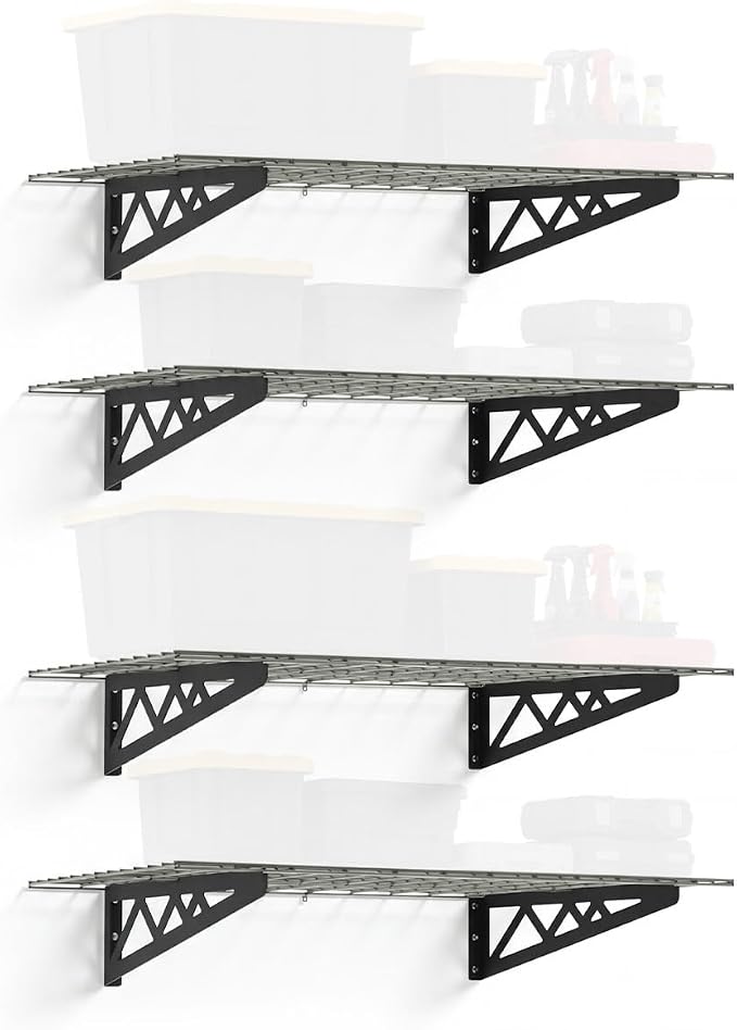 SafeRacks Steel Garage Wall Shelves 4-Pk w/Hooks, 500lb, Hammertone (24x48)