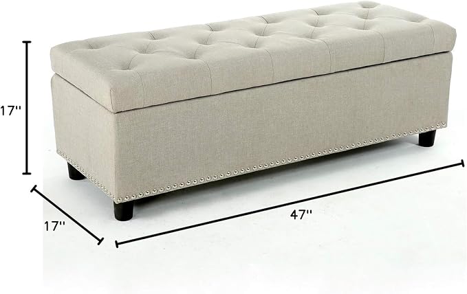 BELLEZE Storage Ottoman, Tufted Ottoman with Close Hinge, Foot Rest for Living Room (Beige, 47 inch)