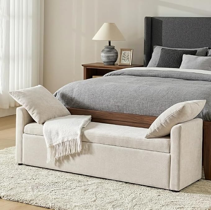 HULALA HOME 59" Storage Bench with 2 Throw Pillows & Armrests, Linen | Modern Long Bedroom Bench for End of Bed, Comfy Upholstered Fabric Footstool for Entryway Living Room