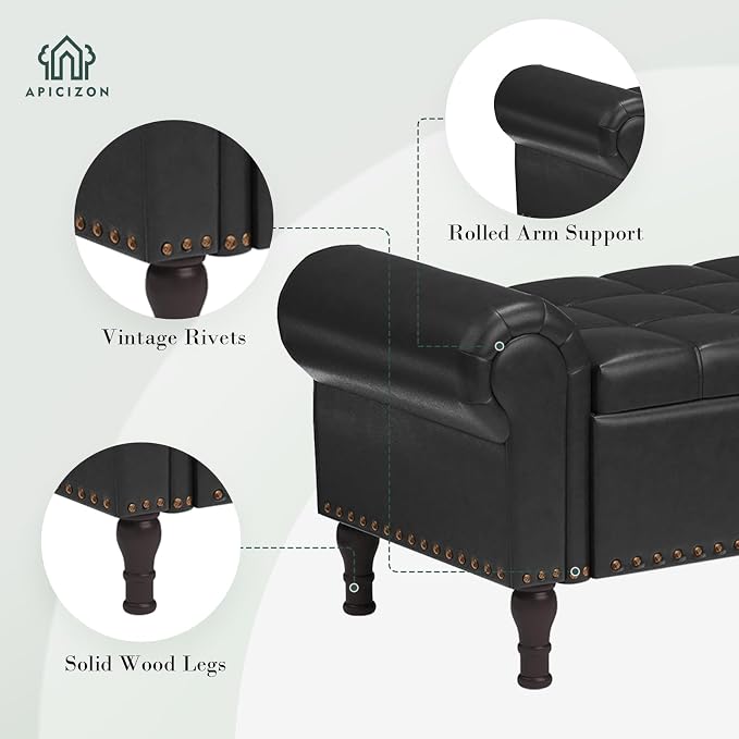 Apicizon 51” Bench with Storage, Queen Size Faux Leather End of Bed Bench with Tufted Button, Ottoman Bench with Rolled Arms & Vintage Rivets for Foot of Bed, Living Room, Entrance, Black