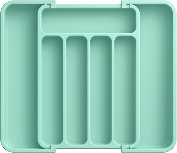 Aujen Silverware Drawer Organizer, Adjustable Utensil Cutlery Tray | Expandable Kitchen Organizer for Forks Knives, Multipurpose Kitchen Storage, Apartment Essentials, Green, Medium