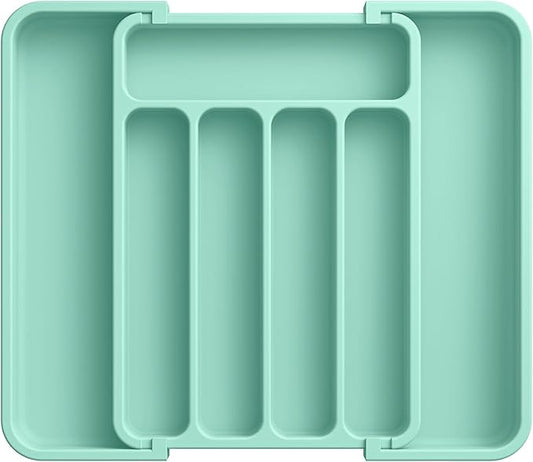 Aujen Silverware Drawer Organizer, Adjustable Utensil Cutlery Tray | Expandable Kitchen Organizer for Forks Knives, Multipurpose Kitchen Storage, Apartment Essentials, Green, Medium