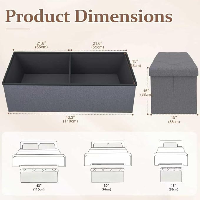 43 inch Storage Ottoman Bench, Folding Storage Bench Ottoman, for Bedroom, Living Room, and Utility Room, Grey (43.3'' W)