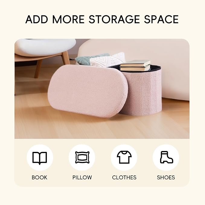 PINPLUS Storage Ottoman Bench Tufted Oval Ottomans for Living Room Foot Rest, Chest Box Velvet Bench with Storage, Pink 30"x15"x15" (Pink)