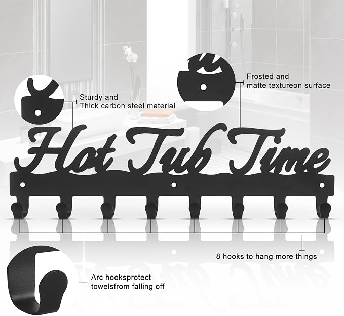 IBosins Hot Tub Towel Rack with 8 Hooks Towel Holder Wall Mount Black | 16-Inch Bathroom Metal Towel Hanger Robes, Towels, Clothes Organizer - Hot Tub Outdoor Accessories and Decor