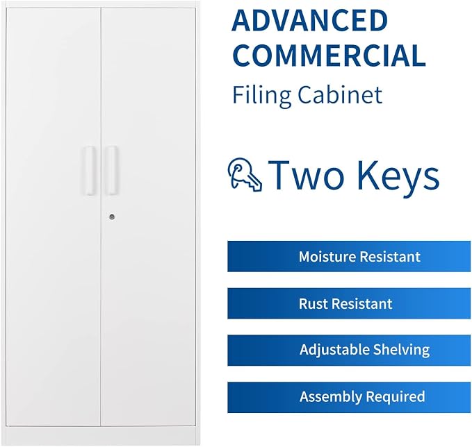 Fesbos Metal Storage Cabinet-71” Tall Steel File Cabinets with Lockable Doors and Adjustable Shelves-White Steel Storage Cabinet for Home, School, Office, Garage