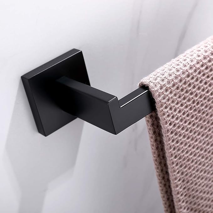 TASTOS Hand Towel Holder Wall Mounted, Square Towel Ring, Matte Black | Stainless Steel Hand Towel Bar for Bathroom and Kitchen, Heavy Duty, Modern design hand Towel Rack, Screw-In, Square Base