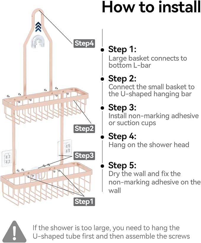 YASONIC Never Rust Shower Caddy Hanging, Aluminum Shower Racks for Inside Shower, 2-Tier Shower Organizer Hanging Over Shower Head with Hooks and Soap Holder, Rose Gold