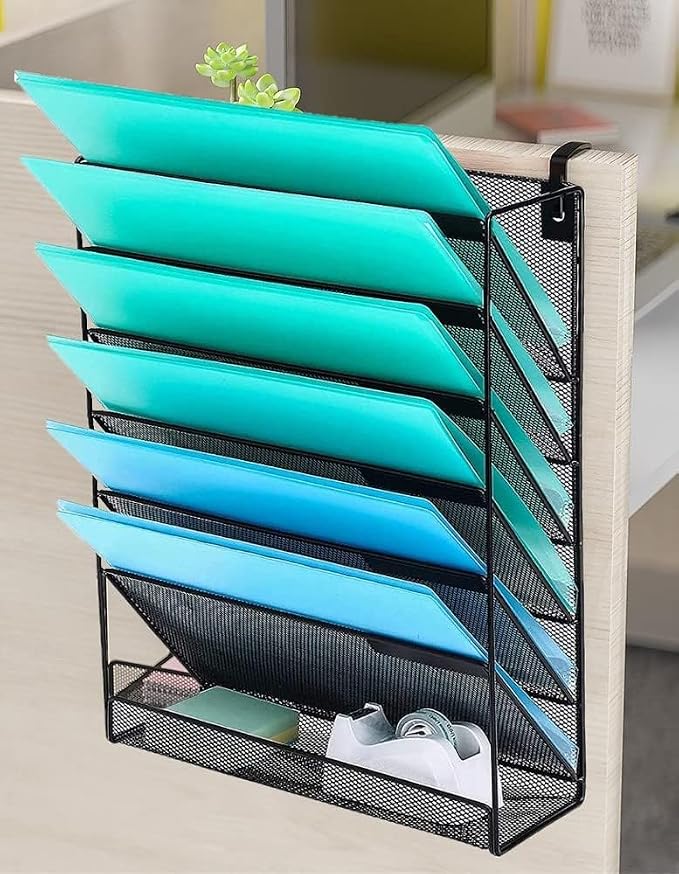 Delifox 7 Compartment Wall Mounted Hanging File Organizer for Office | Wall File Holder Sturdy Metal Mesh Desk Organizers