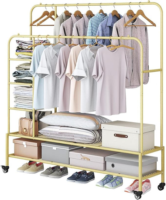 SUOERNUO Clothes Rack with Lockable Wheels Double Rods Metal Garment Racks | Portable Heavy-Duty Clothing Rack with Bottom, Rolling Clothes Shelves for Bedroom Laundry Living Room, Gold
