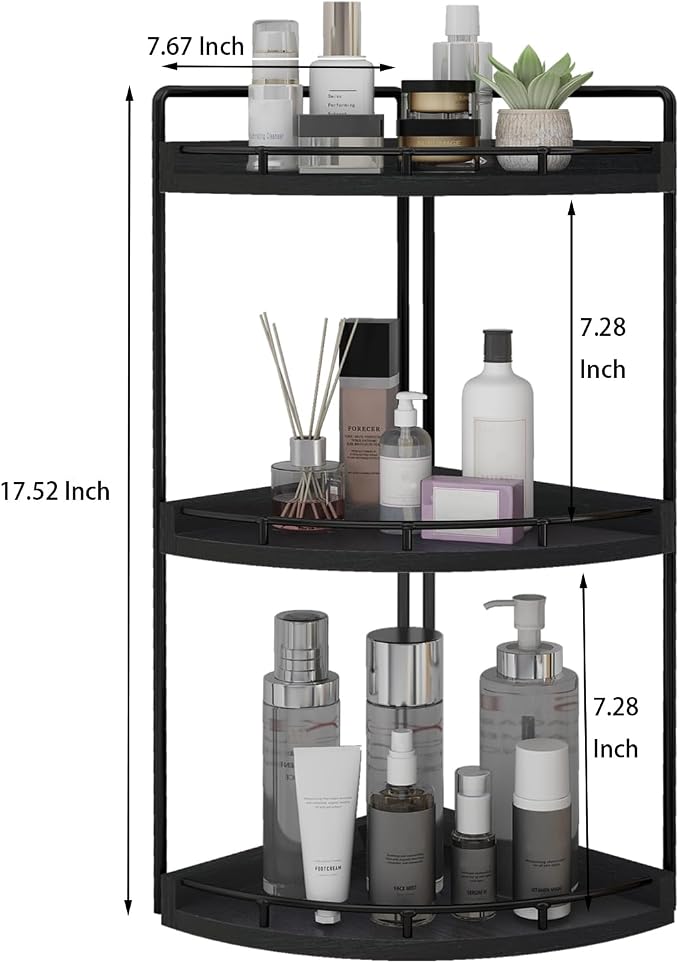 Dorhors Corner Bathroom Organizer Countertop,Vanity Counter Storage Shelf | 3 Tier Black Stand Rack Holder for Kitchen,Dresser,Restroom,Wood Bathroom Sink Tray for Makeup,Perfume,Skincare,Lotion