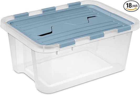 Sterilite 18 Pack Hinged Lid Storage Box, 20 Qt Plastic Container, Washed Blue - Home Organizer Tote for Storing Shoes, Crafts, Clothing, or Decor