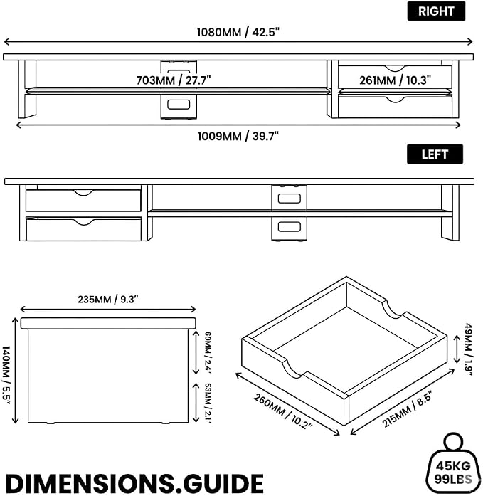 Fenge Monitor Stand, Desk Computer Riser with Frosted Storage Drawer, White | 42.5 Inch Dual Monitor Riser, 2 Tiers, Cable Management, Desk Shelf for 2 Monitors, Ultrawide Screen, Laptop, TV, Home Office