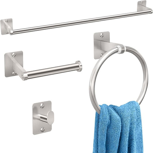 KLJKPA Brushed Nickel Bathroom Accessories Set, 4 PCS Bathroom Hardware Set | 24 inch Towel Bar, Towel Racks for Bathroom, Robe Towel Hooks, Toilet Paper Holder Wall Mounted
