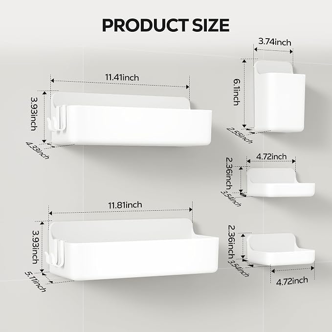Nieifi Adhesive Shower Shelves, White, 5 Pieces | Rustproof ABS, Large Capacity, Removable Design, Easy-Clean, No Drilling Shower Organizer for Bathroom Storage & Home Decor
