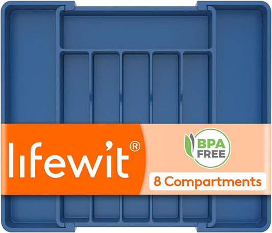 Lifewit Silverware Drawer Organizer, Expandable Utensil Tray for Kitchen, BPA Free Flatware and Cutlery Holder, Adjustable Plastic Storage for Spoons Forks Knives, 10.9"-17.5" x 13.7", Dark Blue