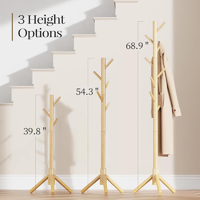 Pipishell Solid Wooden Coat Rack Freestanding, Hall Tree with 8 Hooks, 3 Height Options for Coats, Hats, Handbags, and Scarves, Tool-Free Assembly, Space Saving Design for Entryway, Office, Bedroom