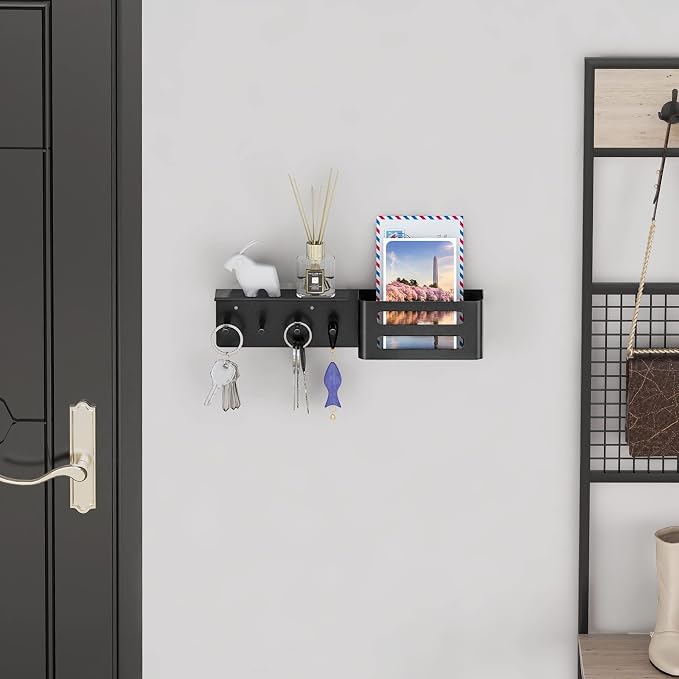 MKO Key Holder Wall Mount, Adhesive Key Hanger with 4 Hooks for Wall, Black | Metal Material, Key Rack with Shelf, Wall Mount, Mail Organizer Tray, Suitable for Entryway, Hallway, Living Room
