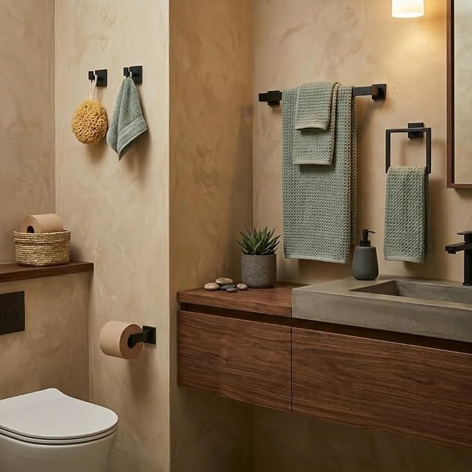 5-Piece Bathroom Hardware Set, 23.6 in Towel Bar, Matte Black | SUS304 stainless steel, 55 mm square bases, concealed screw mount, towel ring, toilet paper holder, 2 robe hooks