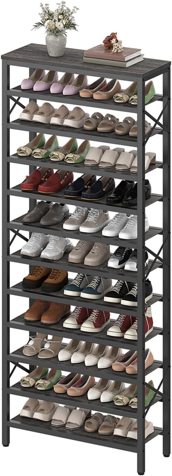 12-Tier Tall Shoe Rack Organizer, Wooden Shoe Storage for Closet Holds 48 Pairs, Sturdy Shoe Shelf with X-Shaped Metal Support, for Entryway, Bedroom, Charcoal and Black SS212BC