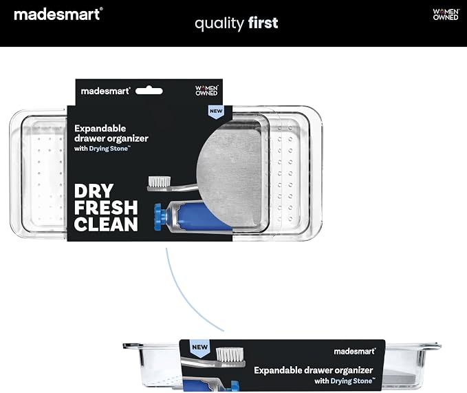 madesmart Drying Stone Expandable Toothbrush Organizer, Clear | diatomite, fast drying surface, divided layout, expandable, toothpaste floss, dental items, bathroom counter, woman owned