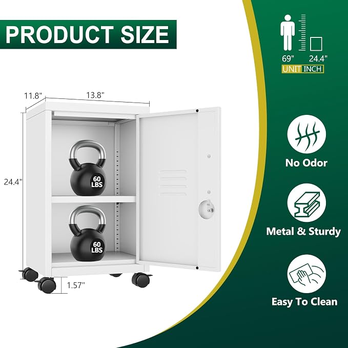 PAOFIN Metal Locker Cabinet,Under Desk Metal Vertical Filing Cabinets with Shelf and Wheels for Home Office Organizer Letters, Employees, White (Required Assembly)